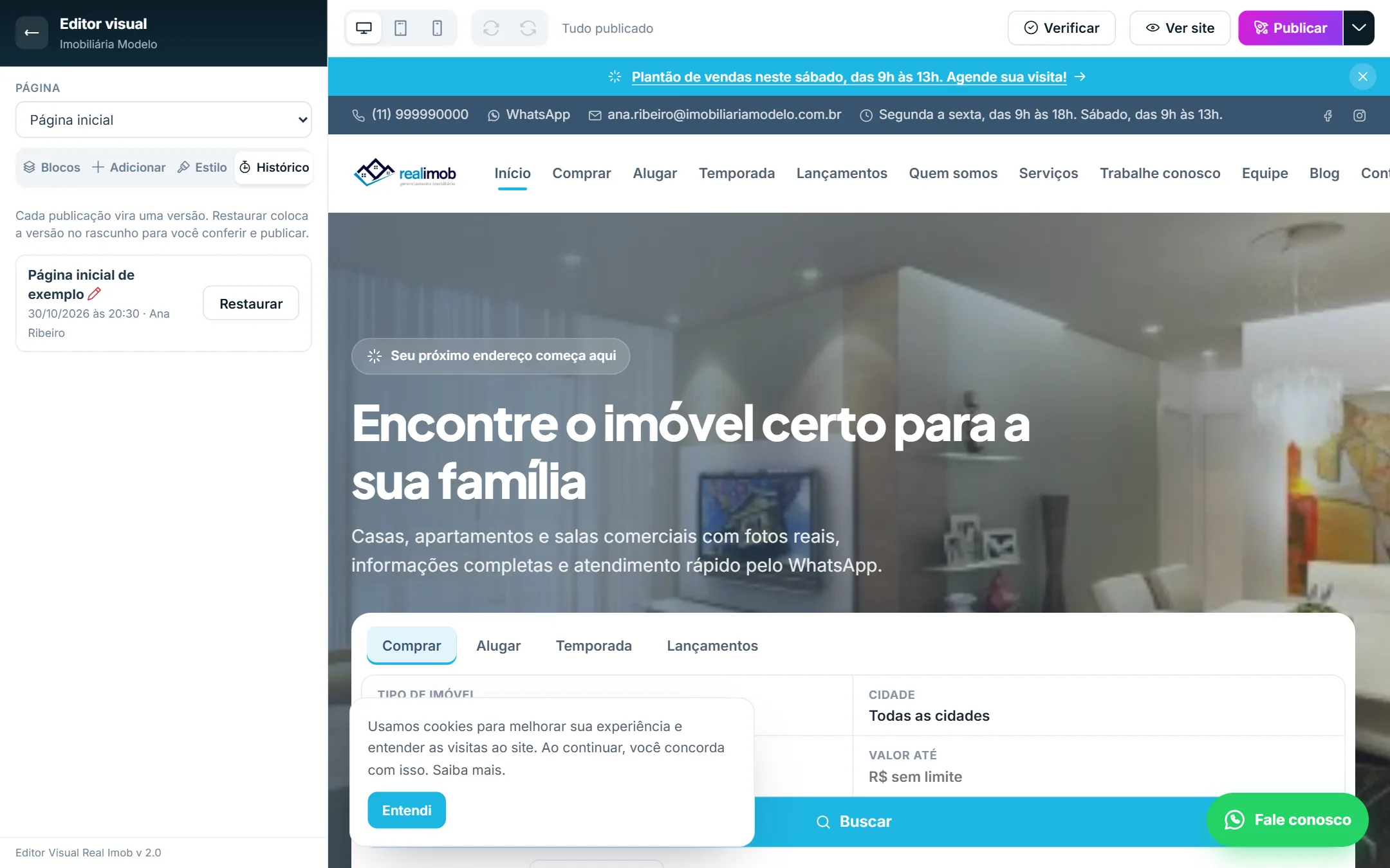 Barra do editor após restaurar: conferir e publicar