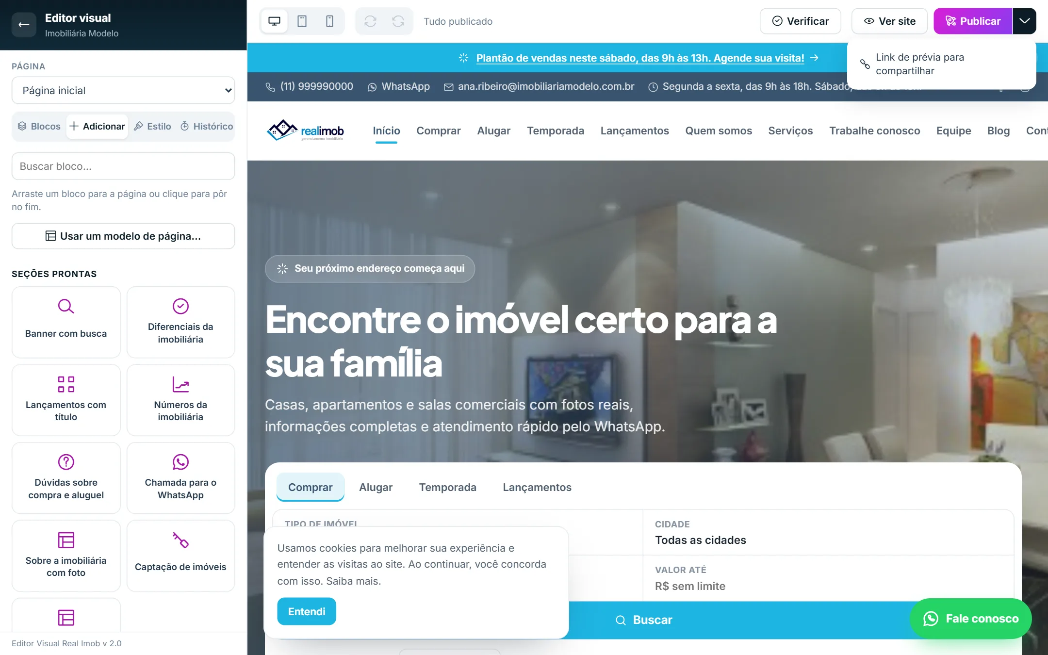 Setinha ao lado de Publicar abre o menu de prévia