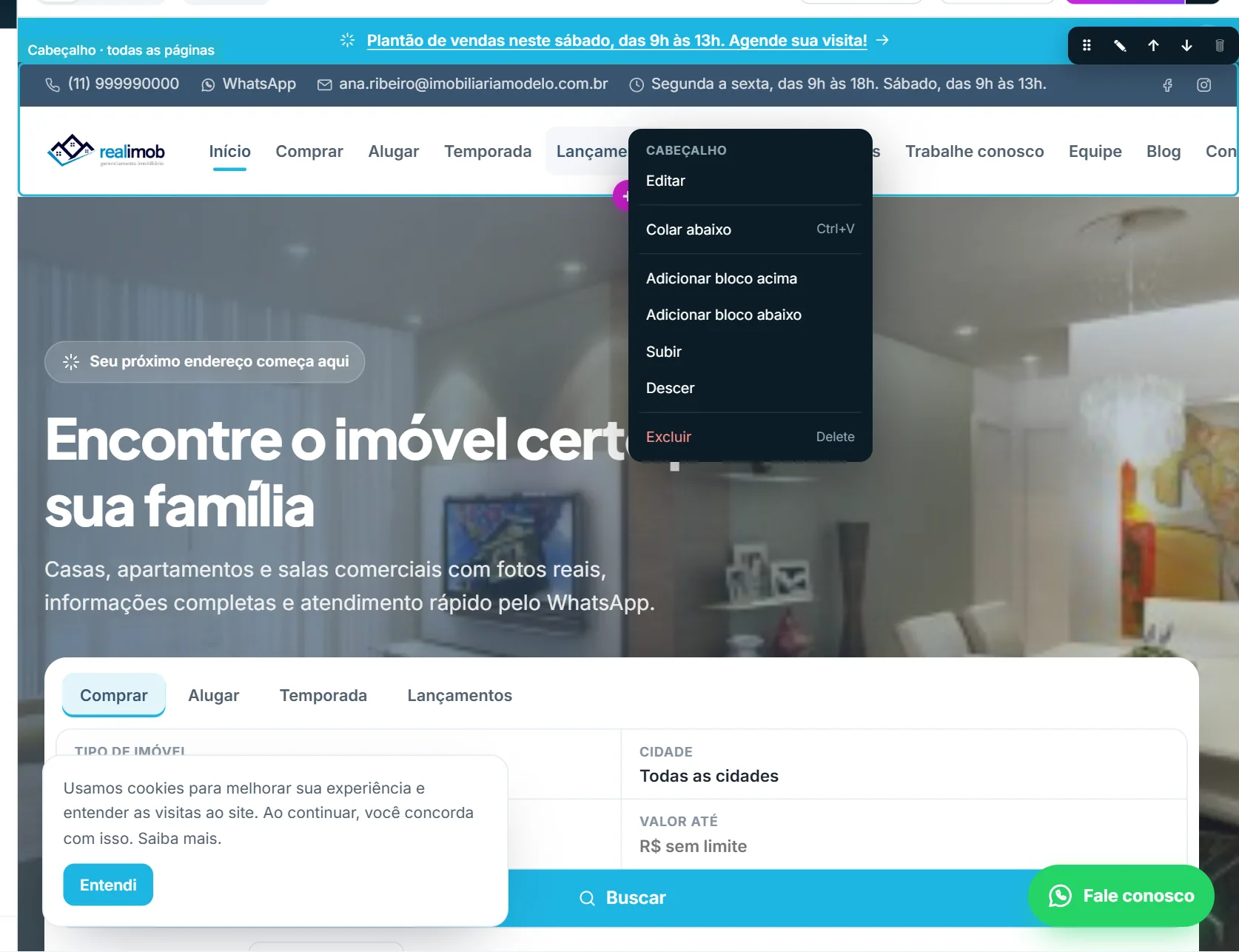 Menu de uma parte fixa (cabeçalho): menos itens