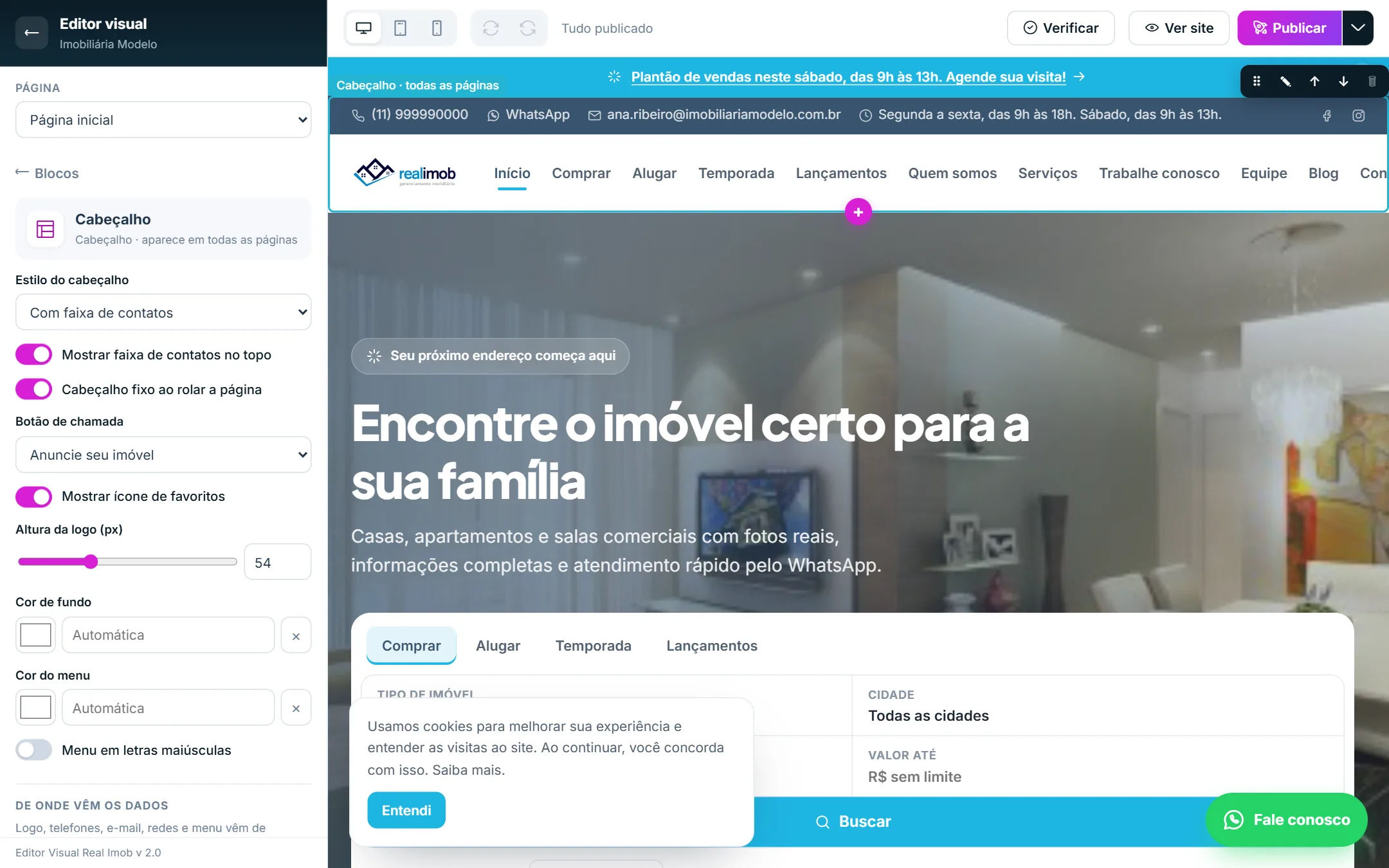 Menu do site na prévia (computador)
