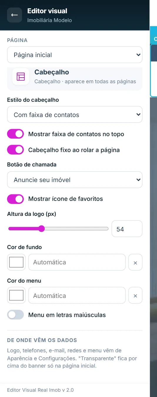 Campos Cor do menu e Menu em letras maiúsculas