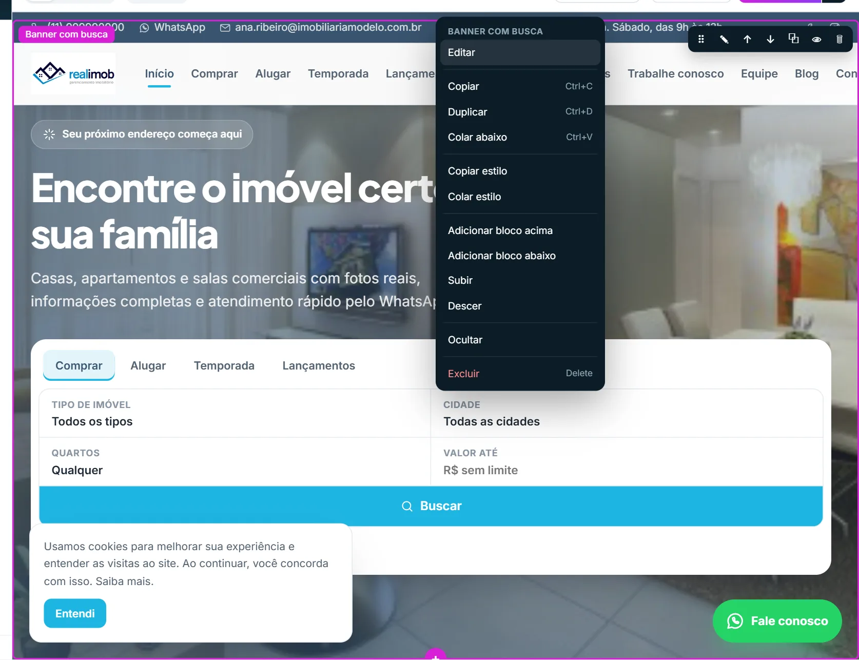 Subir e descer pelo menu do botão direito