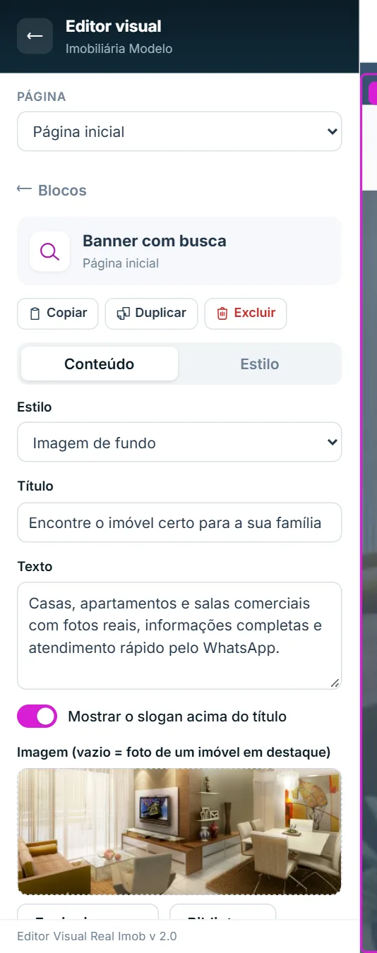 Painel de opções de um bloco selecionado