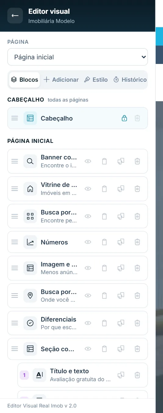 A lista Página no alto da barra lateral