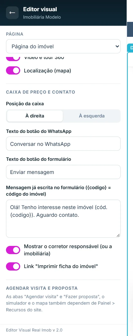 Opções de Detalhes e contato