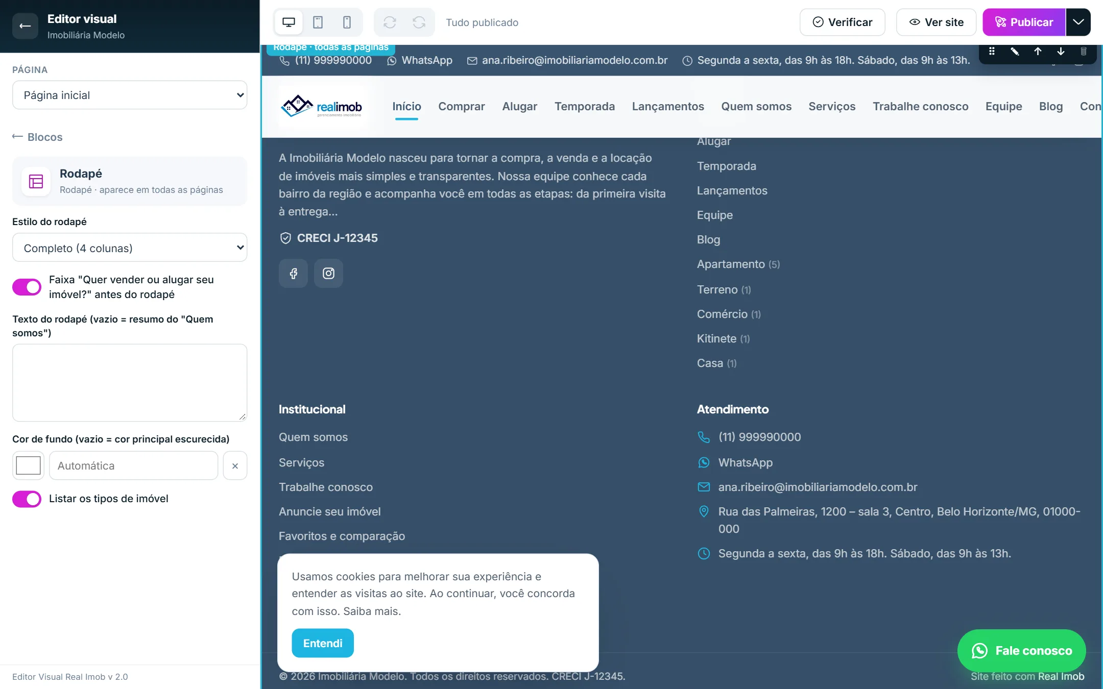 Rodapé na aba Blocos e suas opções
