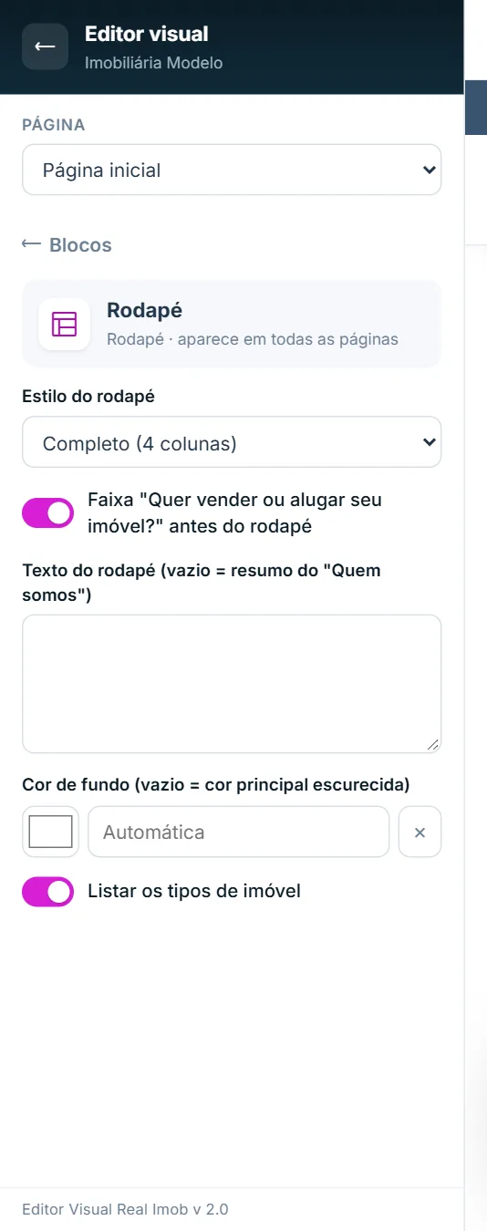 Faixa antes do rodapé, texto, cor de fundo e tipos de imóvel