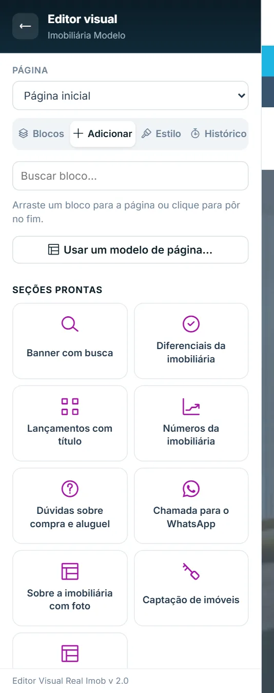Visão geral da barra lateral do Editor visual