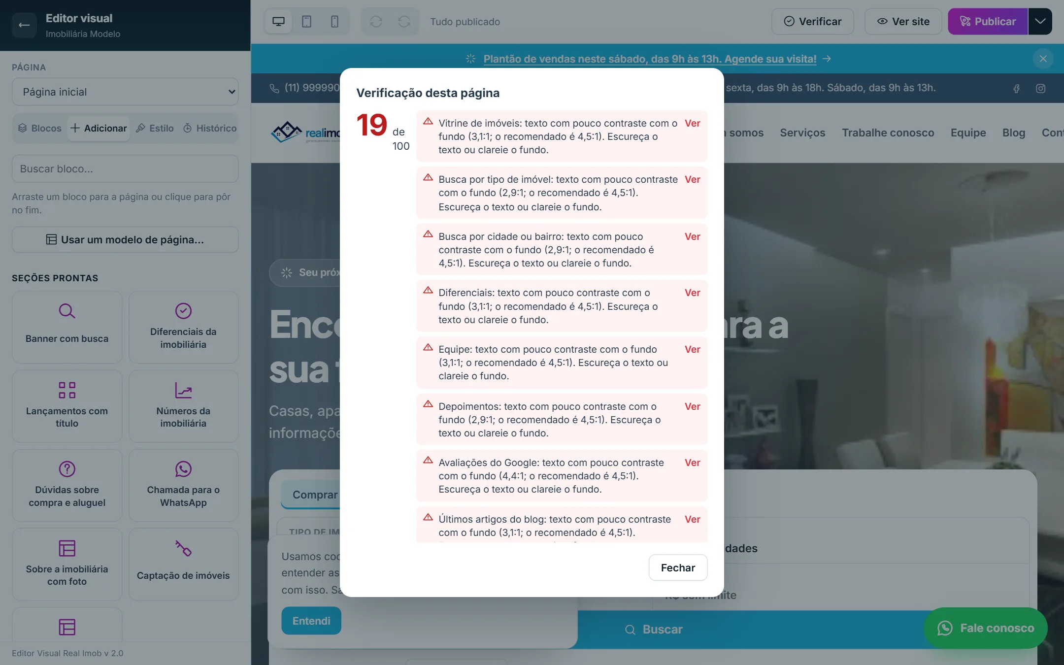 Janela Verificação desta página com a nota e os avisos