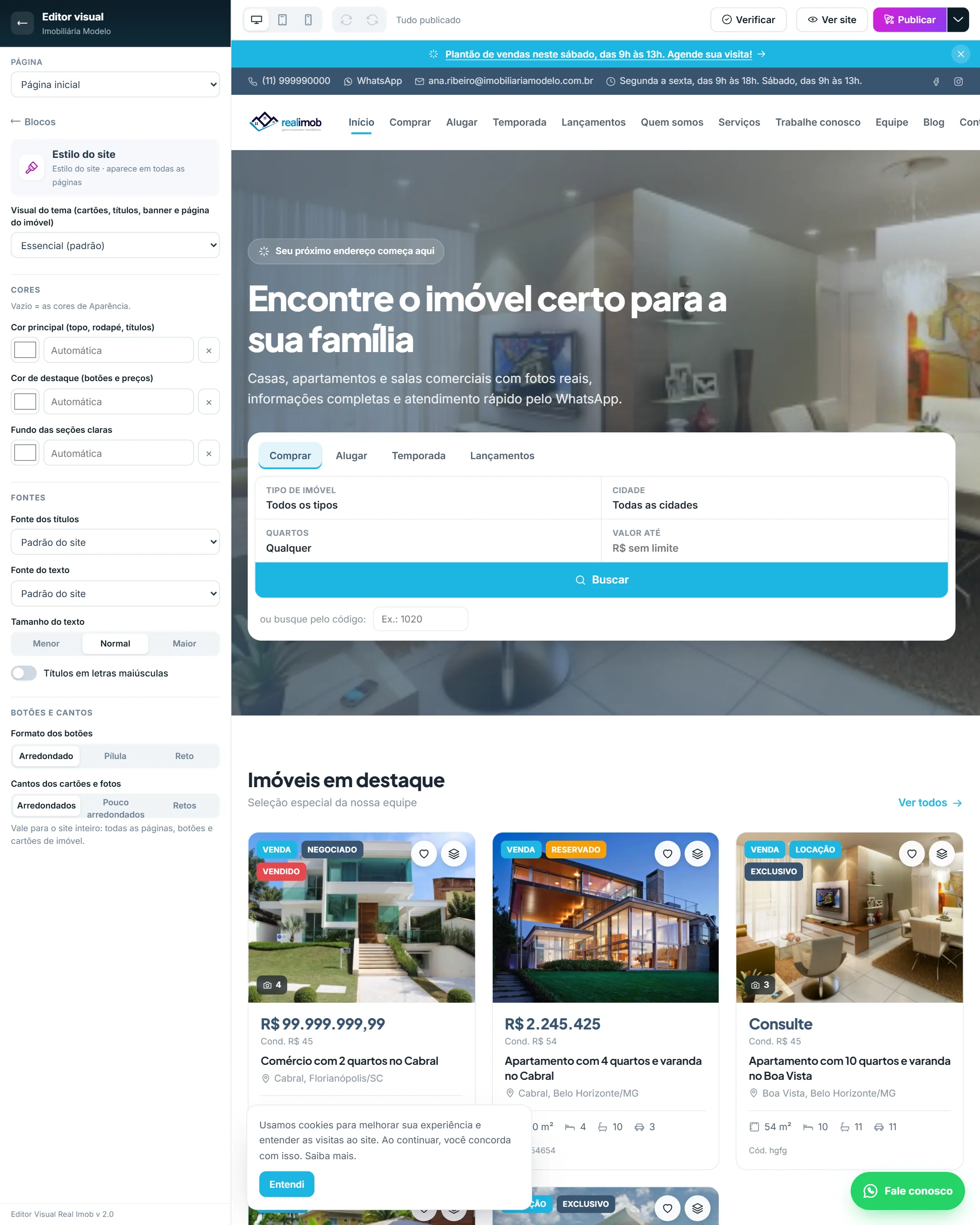 Lista de visuais aberta e a prévia do site