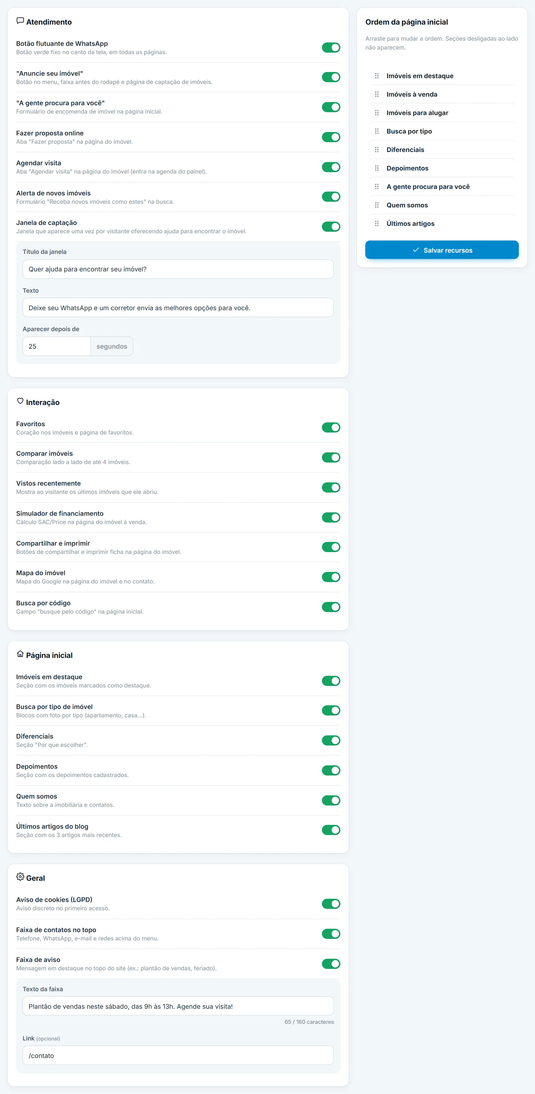 Interruptor Faixa de aviso com os campos de texto e link