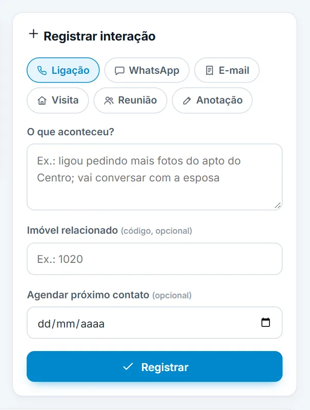 Quadro "Registrar interação"