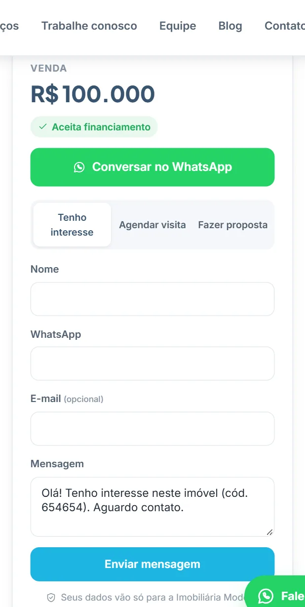 Pedido de visita e proposta na página do imóvel