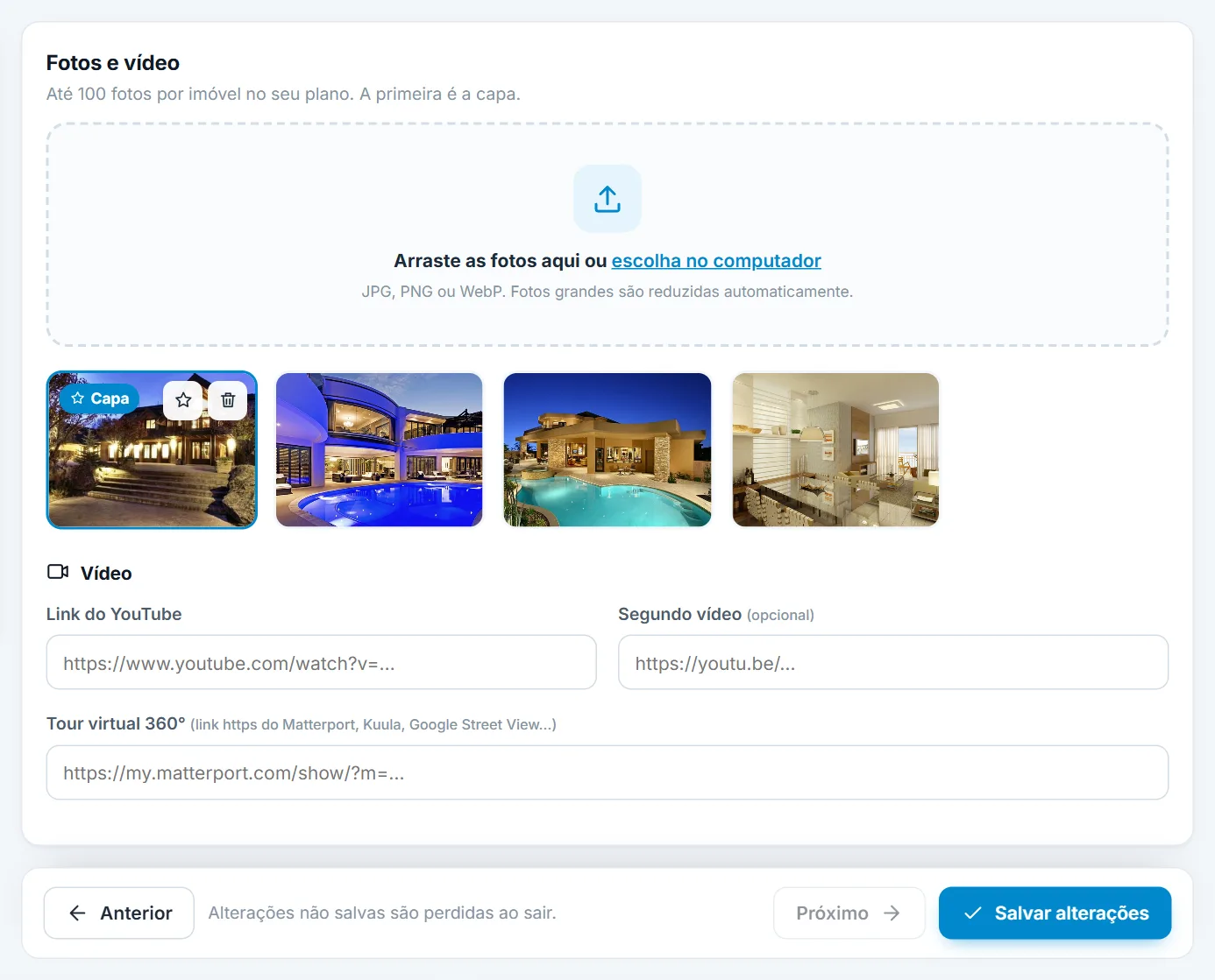 Imóvel salvo: área de envio e galeria