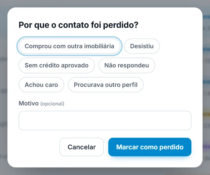 Janela do motivo da perda