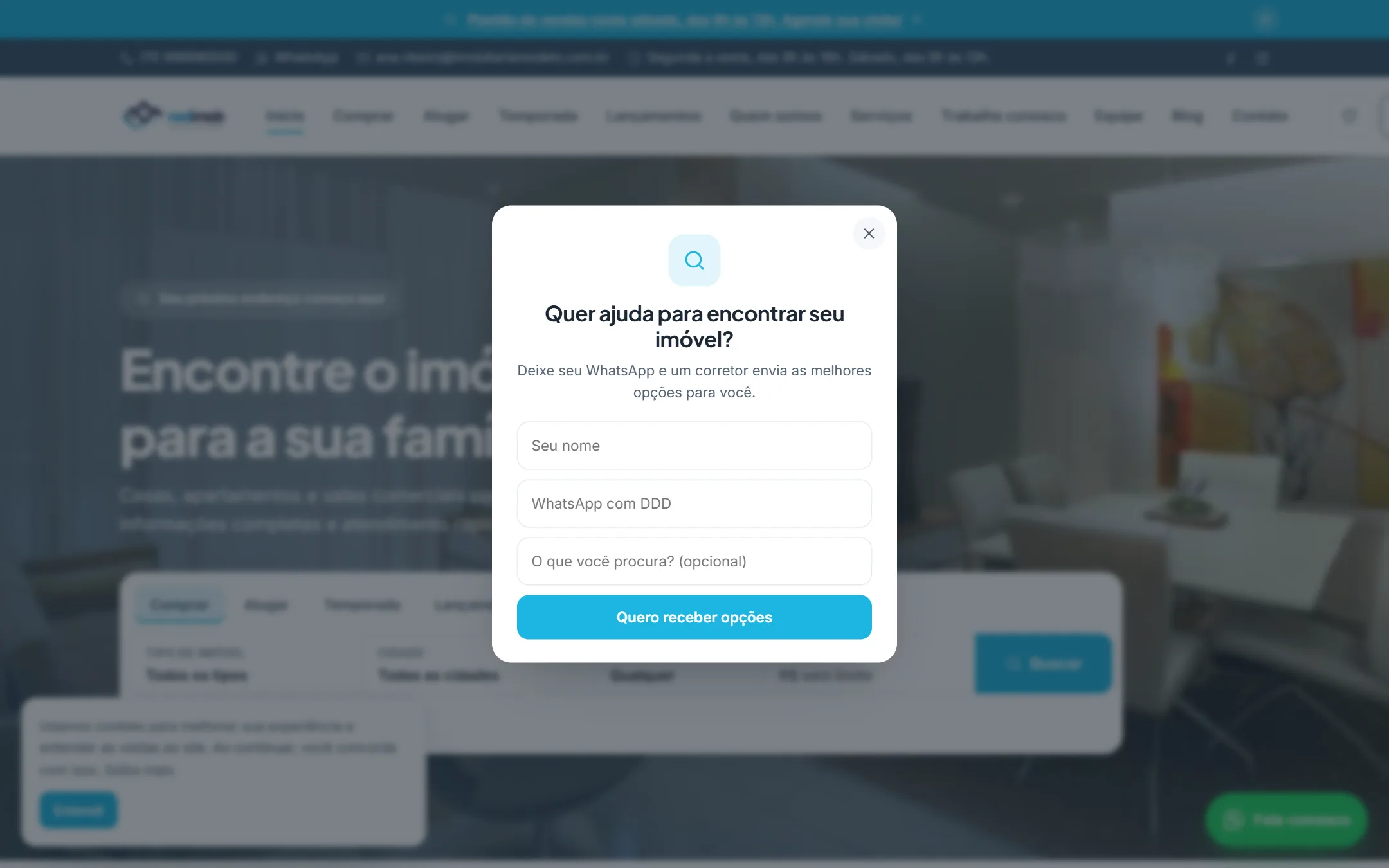A janela de captação aberta no site