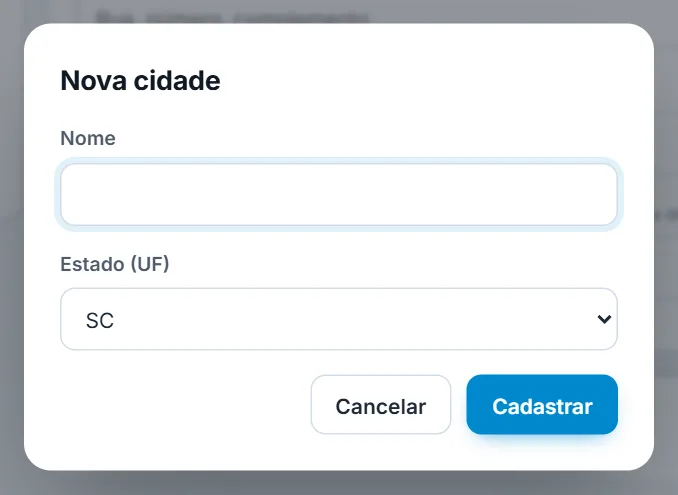 Janela para cadastrar uma cidade nova