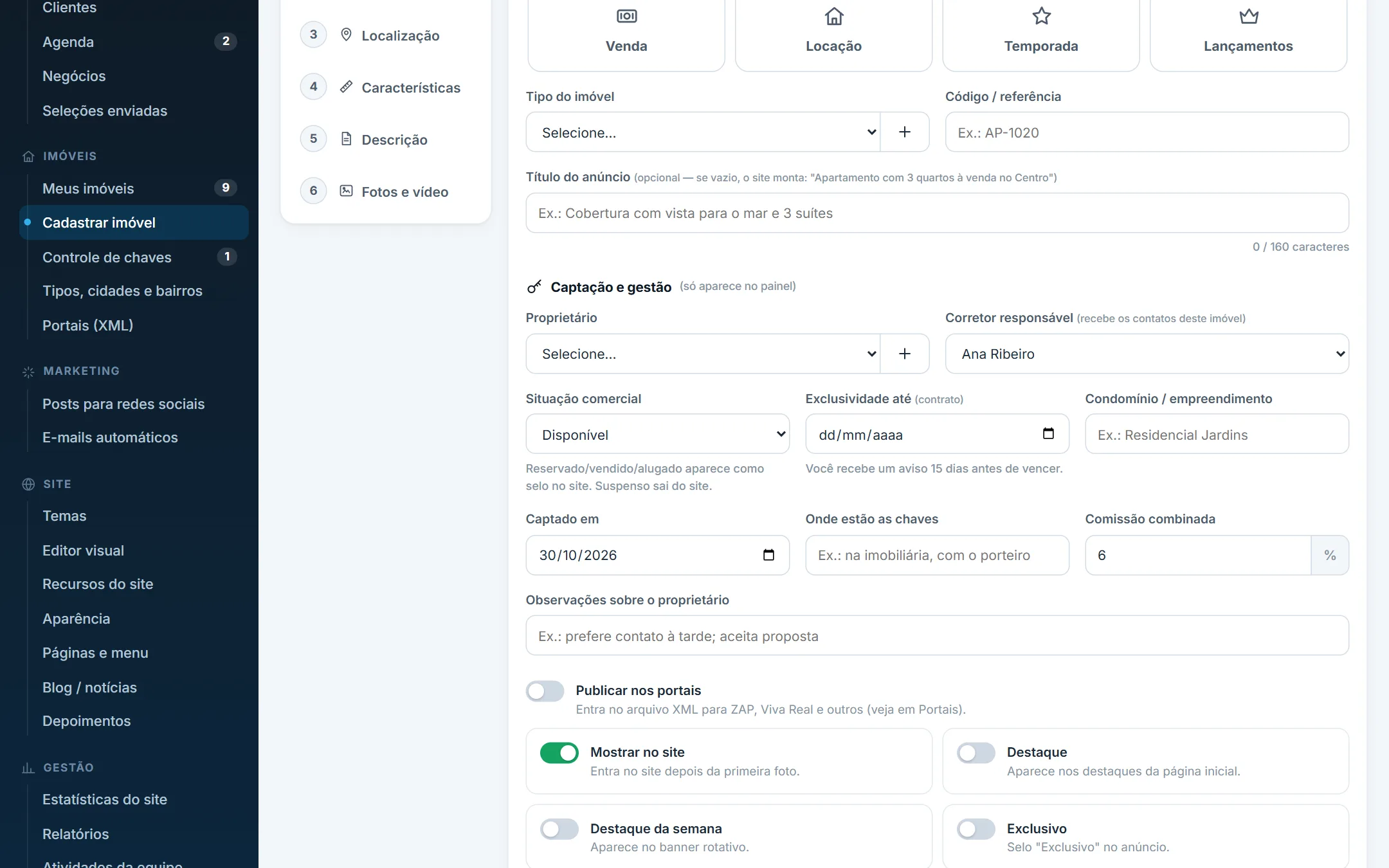 Situação comercial e chave Mostrar no site no cadastro