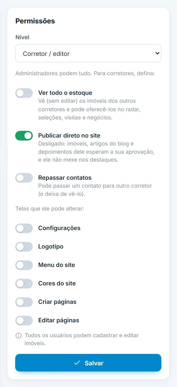 Quadro "Permissões": nível