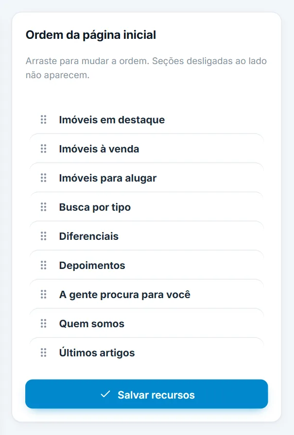Caixa Ordem da página inicial, com as nove seções