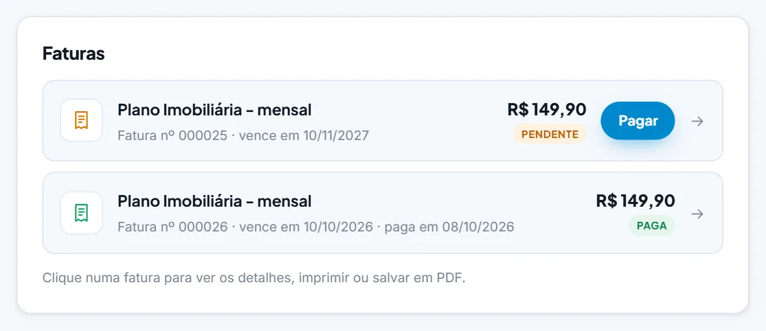 Lista de faturas na Área do Cliente