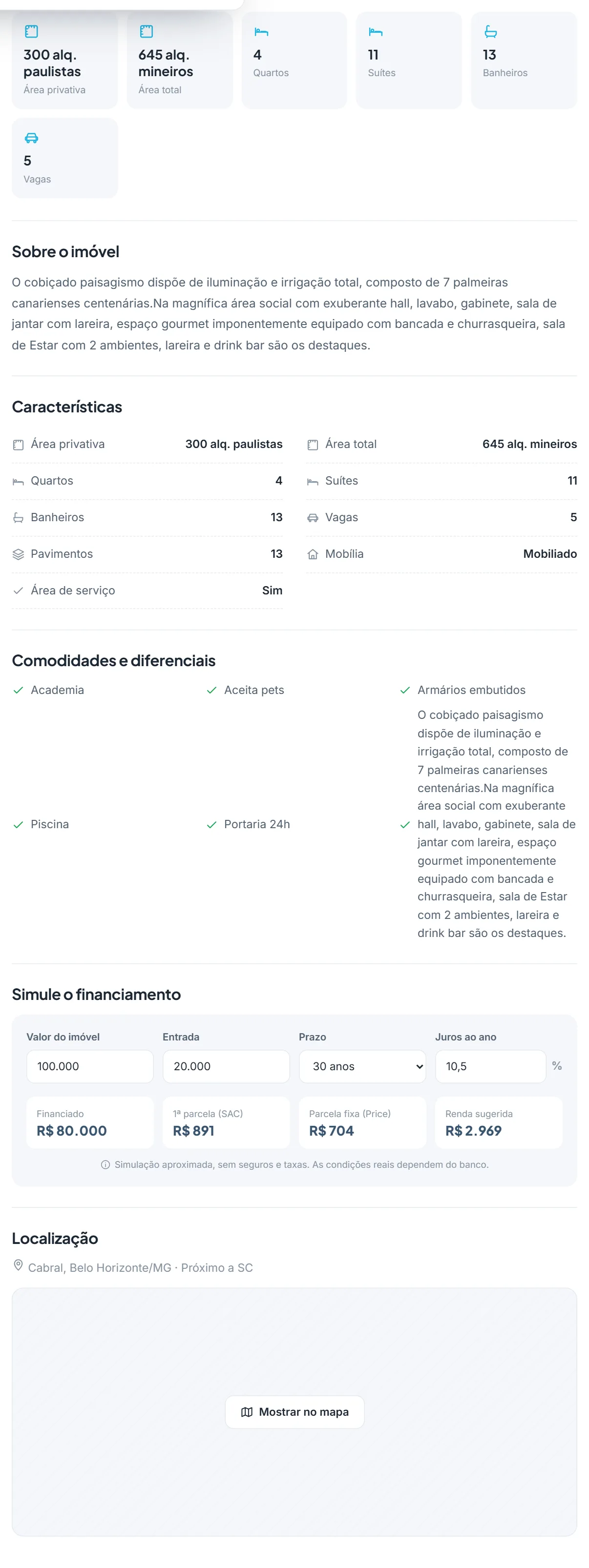 Ficha, comodidades, simulador e mapa