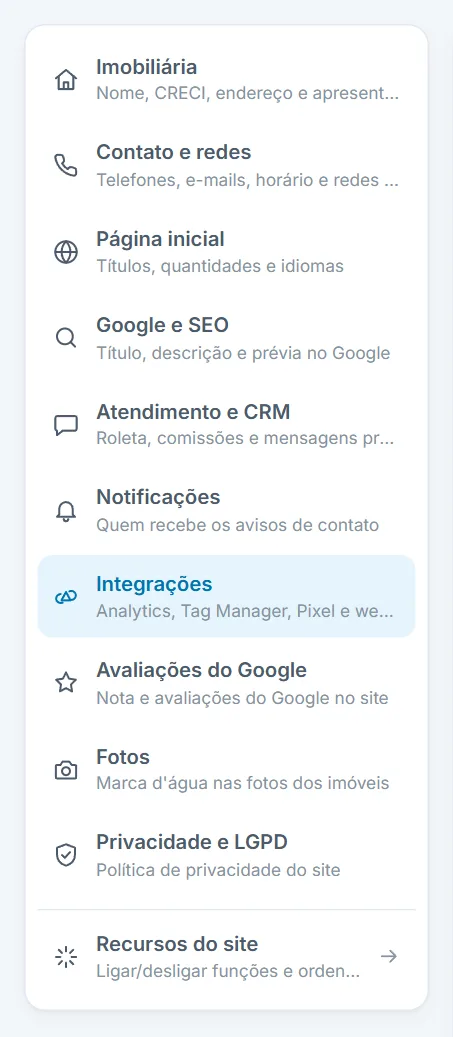 Menu de abas das Configurações
