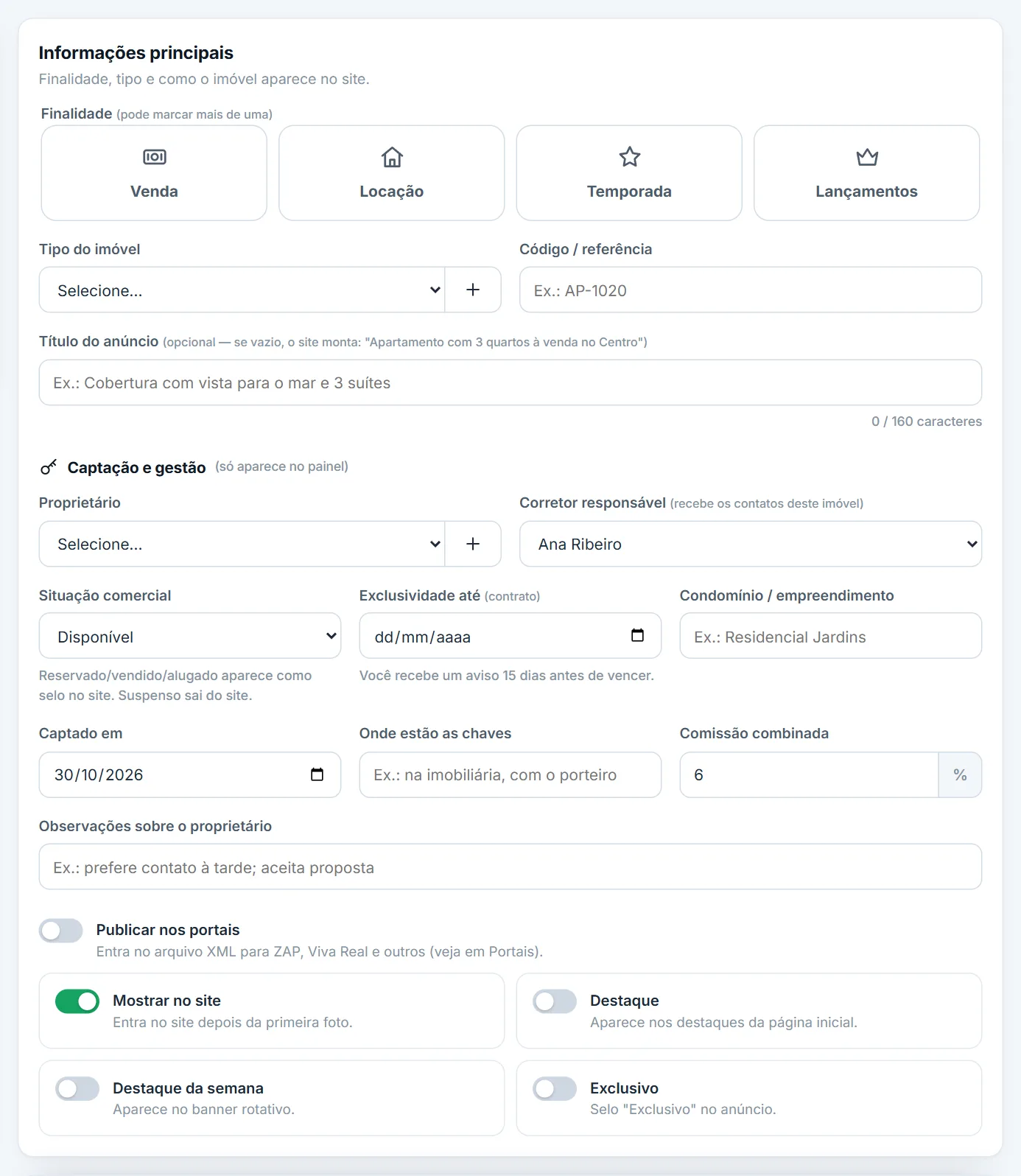 Seção "Captação e gestão" do cadastro do imóvel