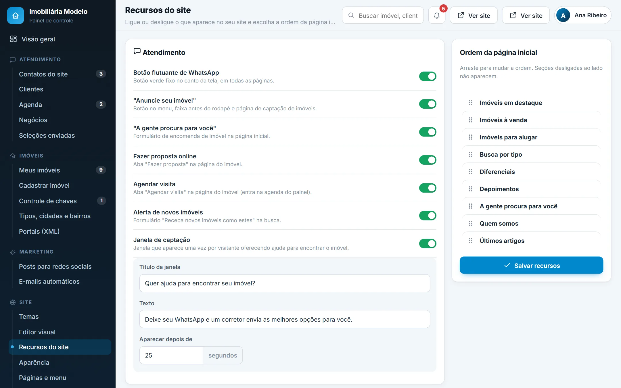 Tela Recursos do site com os quatro cartões de interruptores