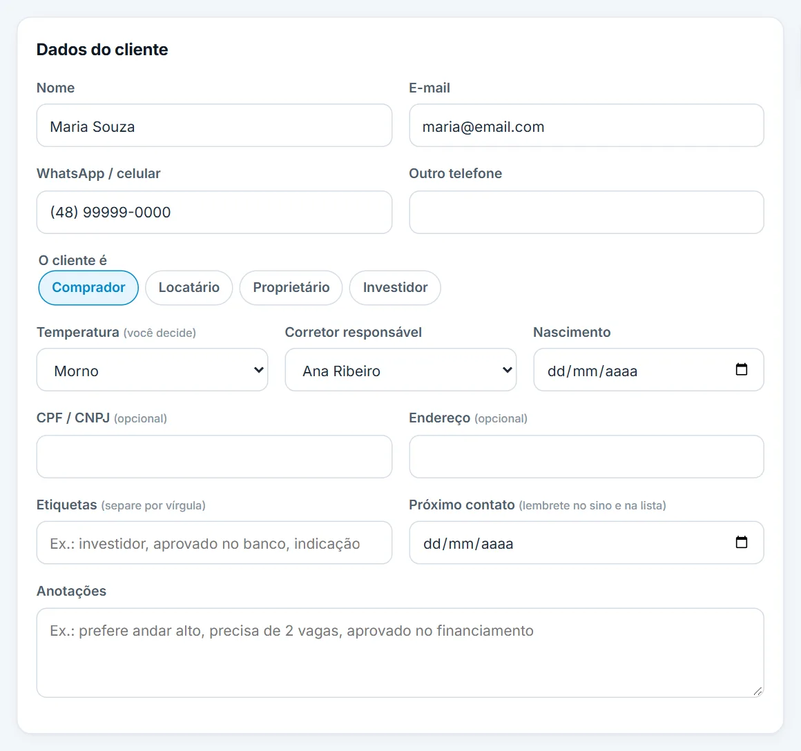 Novo cliente com os dados do contato