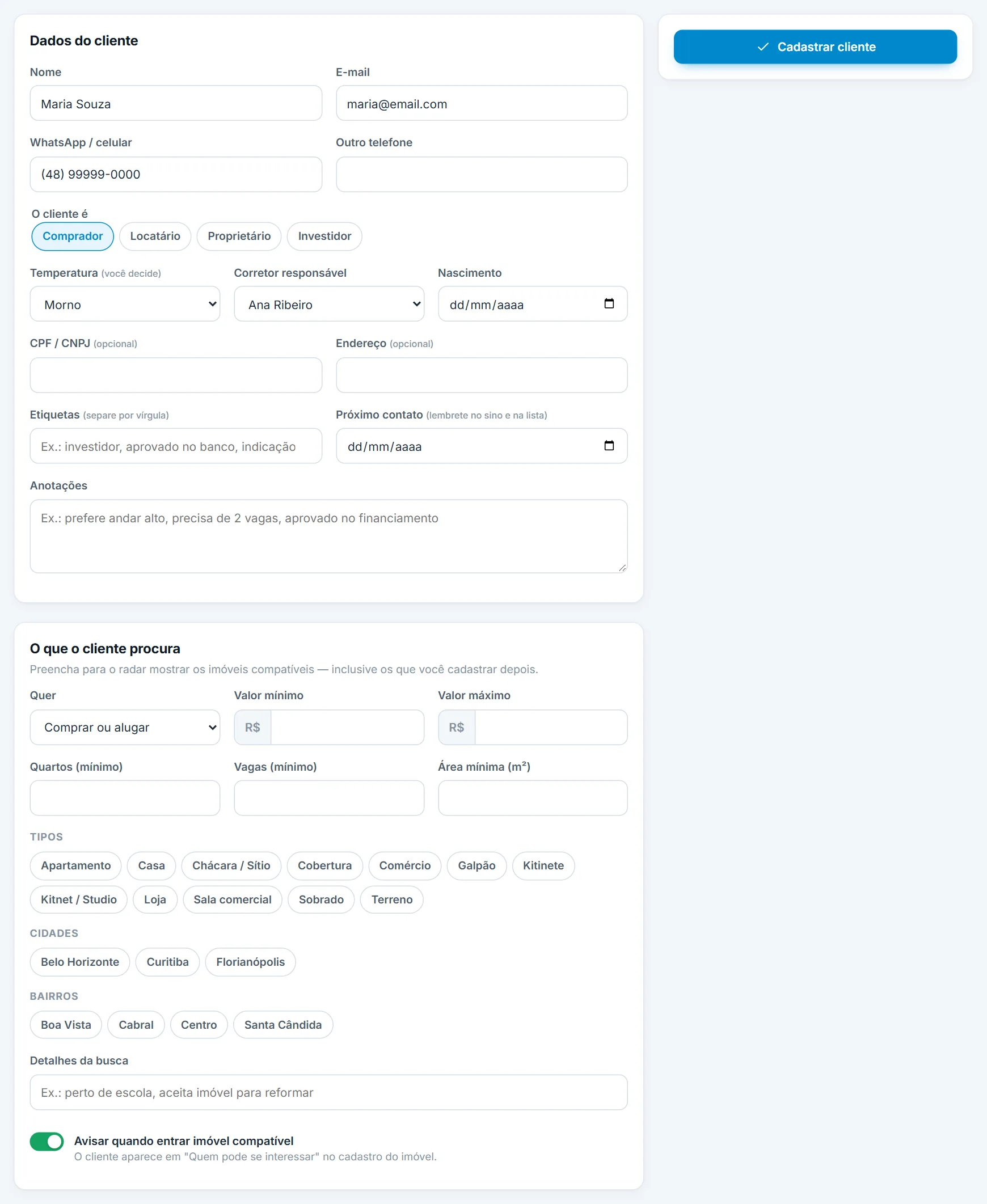 Perfil de busca e botão de salvar