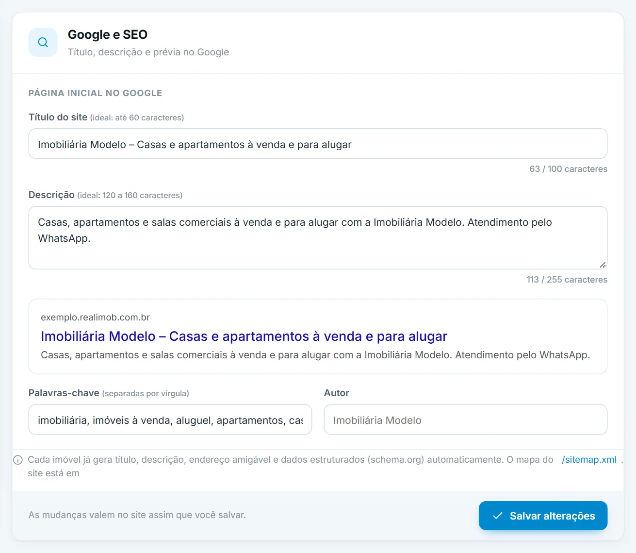 Configurações, aba Google e SEO