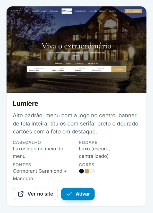 Um cartão de tema com os botões